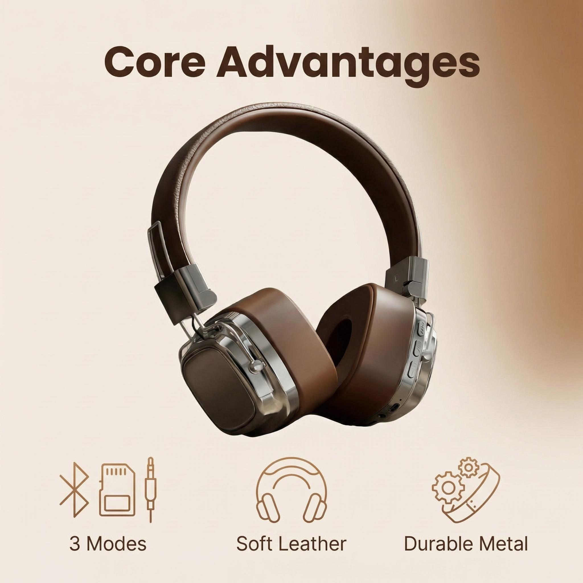 Audio Music Apple - Retro-Leder-Over-Ear-Kopfhörer, kabellos, Bluetooth 5.3, faltbar, mit