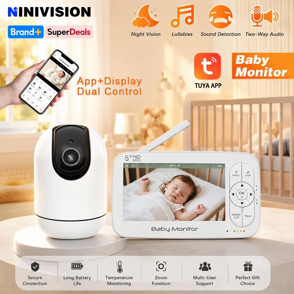 Audio Detect Music - Intelligenter WLAN-Babymonitor mit 5-Zoll-LCD-Bildschirm, 4-fachem PTZ-Zoom,